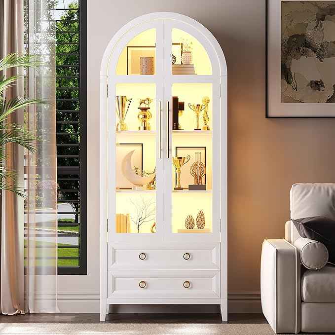 Arched Curio Cabinet with Glass Doors, 4-Tier Display Cabinet with 2 Drawers, Tall Bookcase with 3 Color Lights, Display Case, Kitchen Pantry (White)