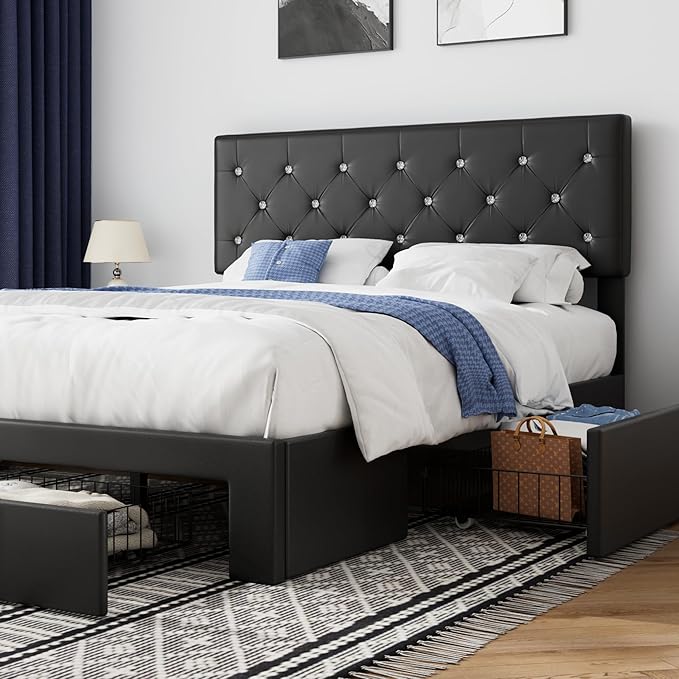 VECELO Queen Size Bed Frame with Storage Drawers, Leather Upholstered Bedframe with Diamond Tufted Headboard, Solid Wood Slat Support, No Box Spring Needed, PU Black