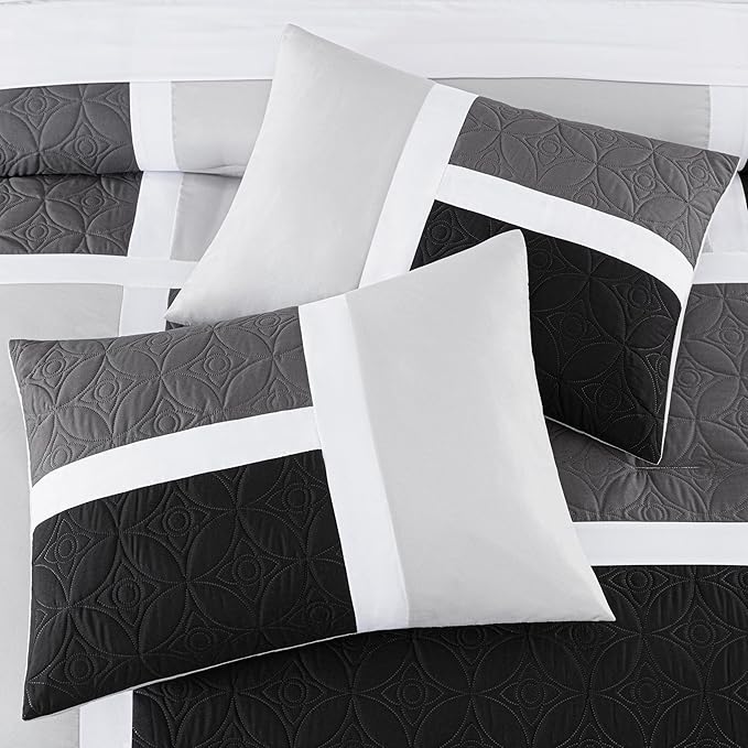Chezmoi Collection Upland 7-Piece Quilted Patchwork Comforter Set, Black/Gray/Light Gray, Queen