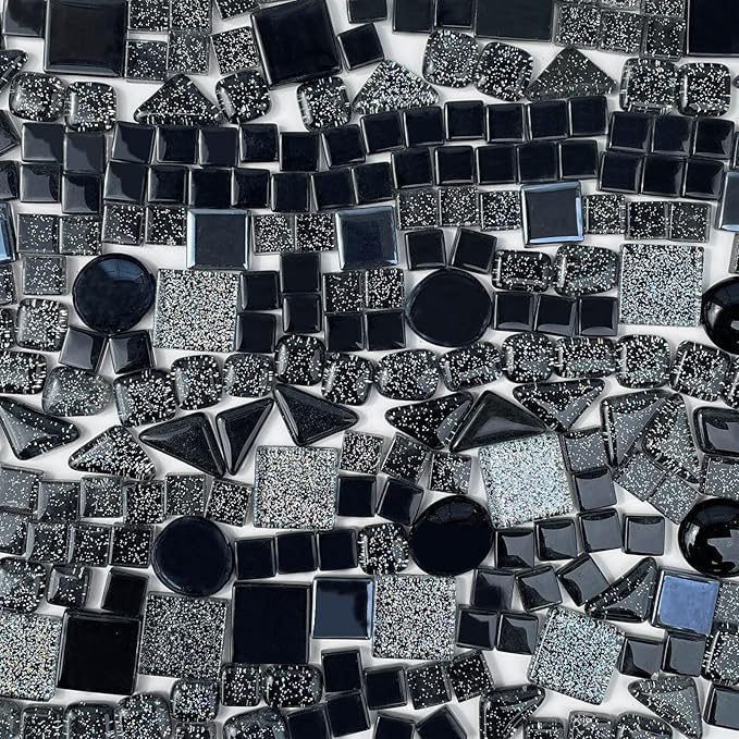 LITMIND 1.1 LB Black Irregular Glass Mosaic Tiles with Backing, Assorted Mosaic Shapes for Creative Crafts – Ideal for Adult Mosaic Kits, Puzzles, and Artwork Projects