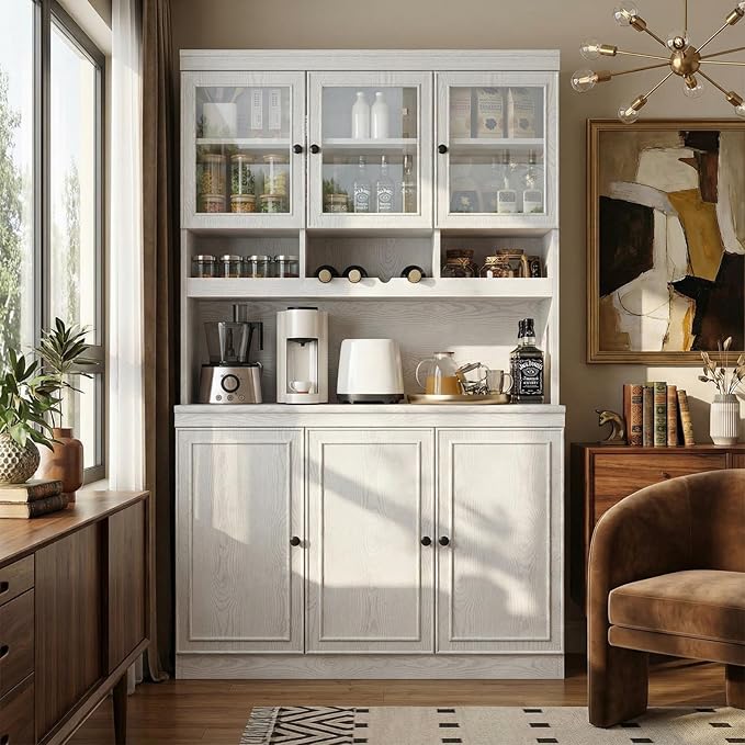 LIKIMIO 74.8" China Cabinet with Glass Doors, Tall Kitchen Pantry, Storage Cabinet with Microwave Stand, 4 Adjustable Shelves, Wine & Glass Station, Modern Display Cabinet for Home Living Room, White