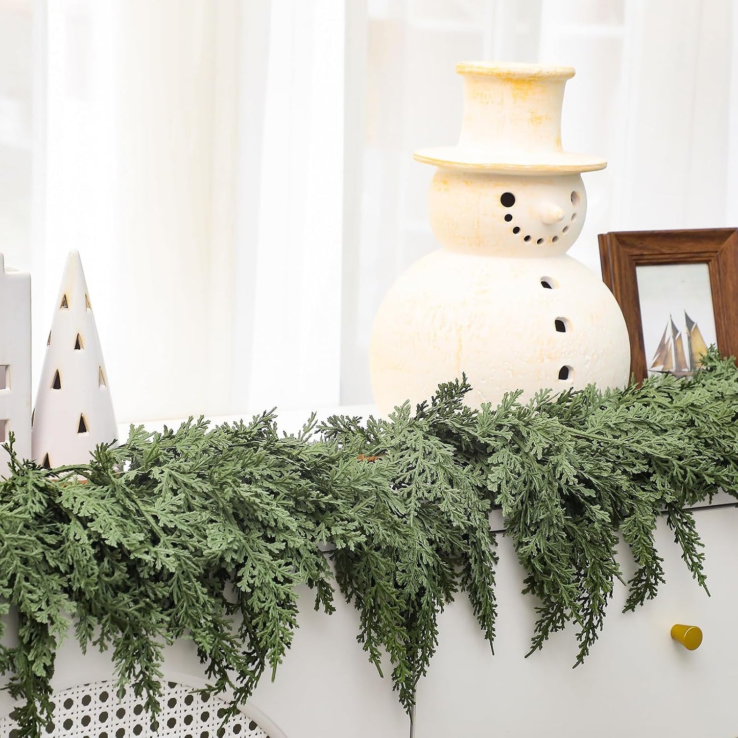 Jutom 1 PCS 9 ft Christmas Cedar Garland - Artificial Realistic Holiday Cedar Pine Needles Greenery Garland Decoration for Mantel Table Winter Party