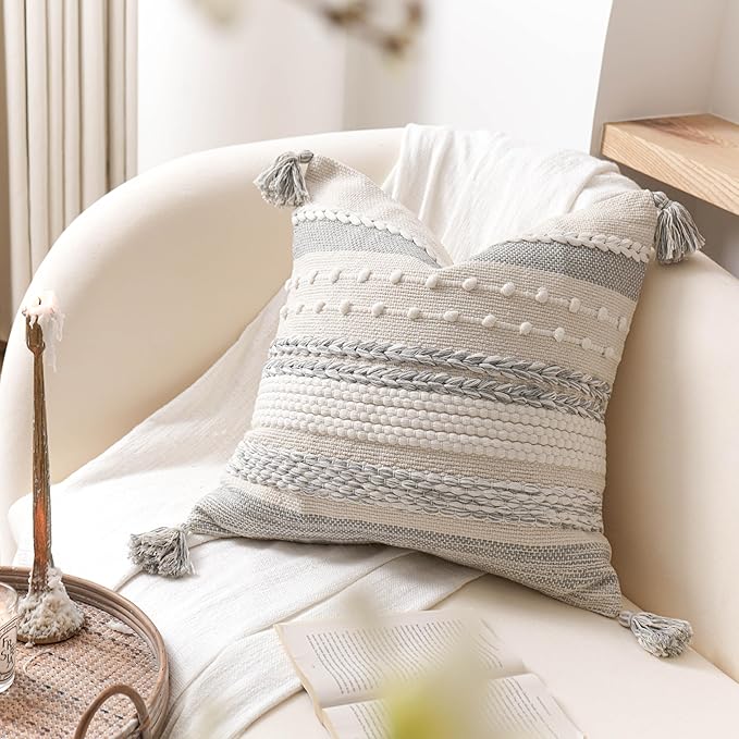 BlissBlush Gray Boho Decorative Throw Pillow Cover 18x18 Square Farmhouse Accent Cushion for Couch Sofa Livingroom Bedroom Pillowcase Modern Home Décor (Pack of 1)