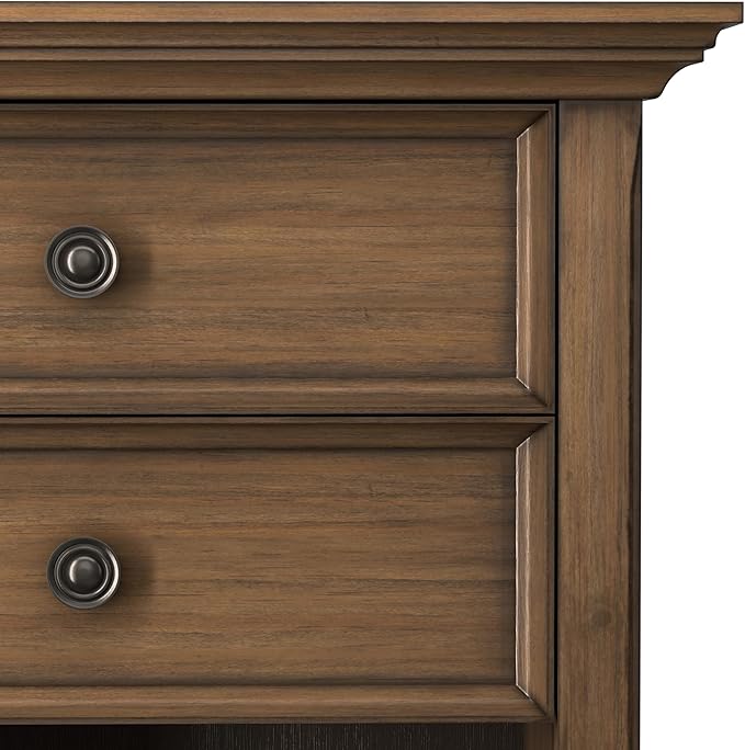 SIMPLIHOME Amherst Bedside Table - 24 inch Wide Solid Wood Nightstand Table in Rustic Natural Aged Brown, Transitional Bedroom Side or End Table with 2 Drawers, Open Storage Shelf and Bronze Hardware