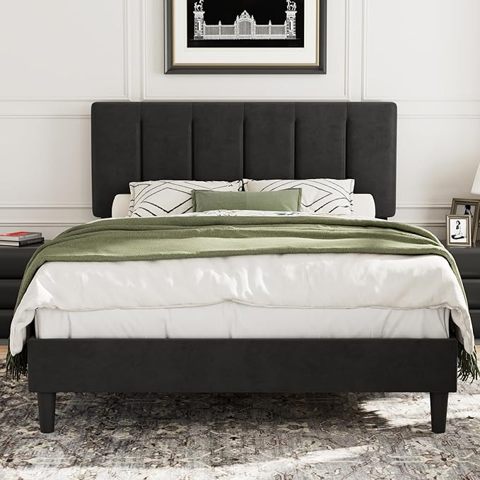 VECELO Full Bed Frame with Upholstered Headboard, Heavy-Duty Platform Bedframe with Strong Wooden Slats Support, No Boxing Spring Needed, Velvet & Black