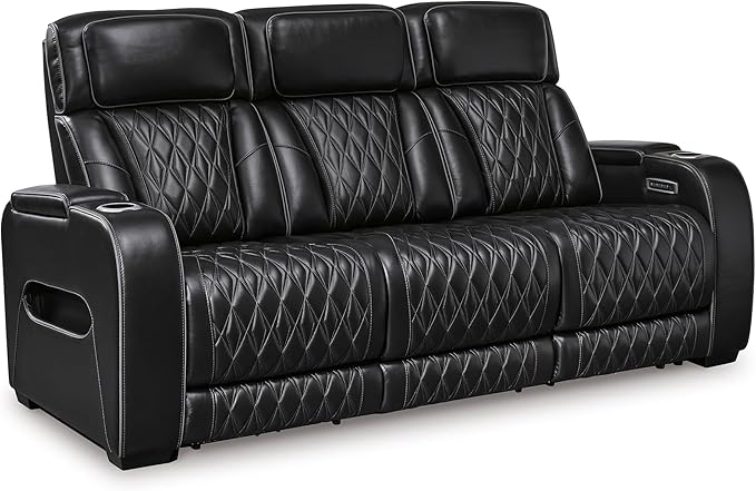 Signature Design by Ashley Boyington Contemporary Leather Match Power Reclining Sofa with Adjustable Headrest, Cup Holder, USB Charging Ports, Air Massage System and LED Lighting, Black