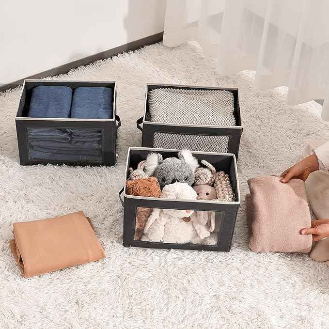 Storage Bins with Lids - Fabric Storage Boxes with Lids, Collapsible Storage Bins with Window, Decorative Closet Organizers and Storage for Clothes, Towels, Books, 3 Pack, Dark Grey