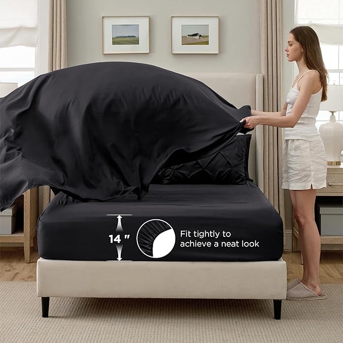 Bedsure Queen Comforter Set Black - Bed in a Bag Queen Size Bedding 7 Pieces, GentleSoft™ Pintuck Bed Set Gift for Family, Pinch Pleat All Season Comforter with Sheets, Pillowcases & Shams