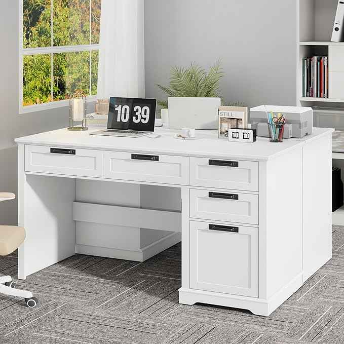 Vabches 55" Farmhouse Home Office Desk with File Drawer, Executive Computer Desk with 4 Storage Drawers, Rustic Computer Desk for Working, Studying, Writing, White