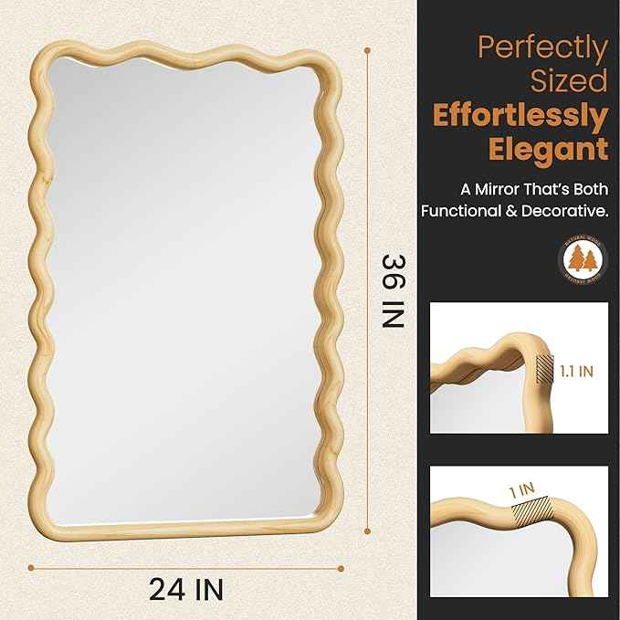 24x36 Wavy Wood Bathroom Vanity Mirror, Boho Wall Mirror with Natural Wood Frame for Over Sink, Entryway, Bedroom