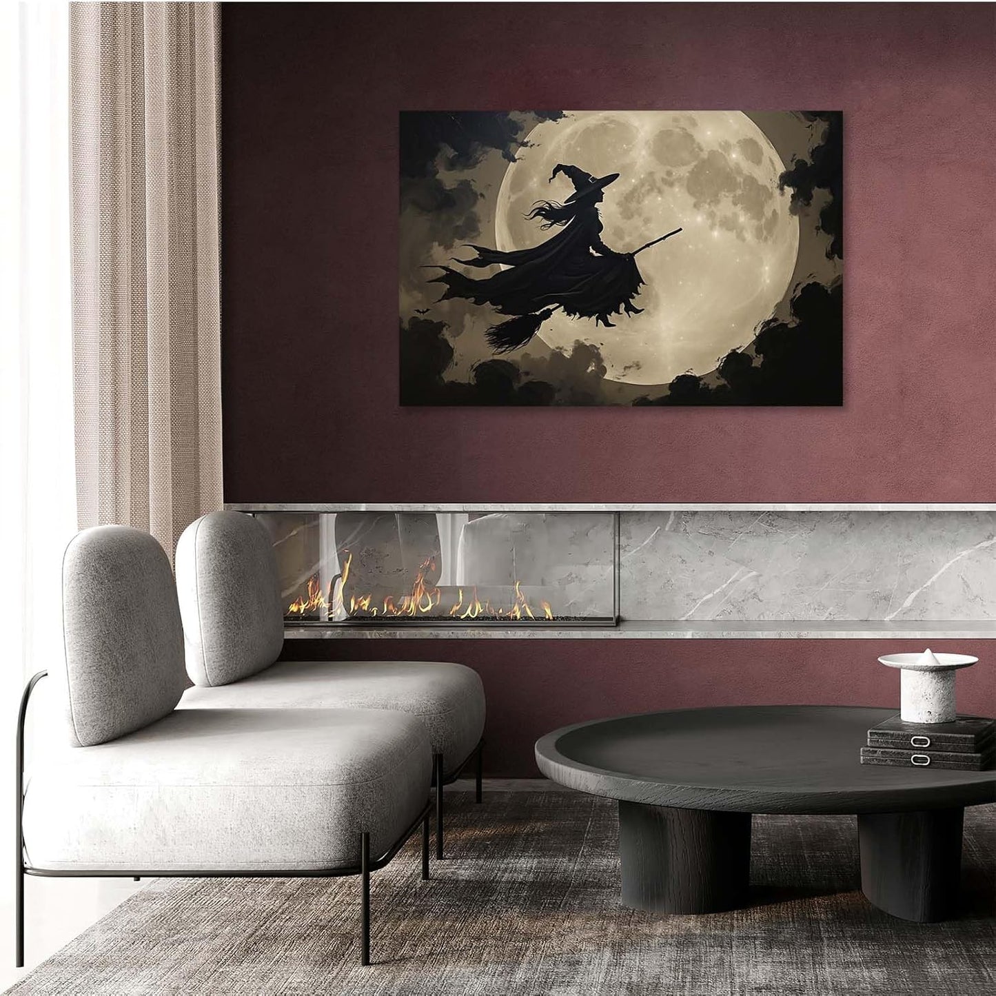 Full moon witch silhouette poster witch on magic broom Halloween mural poster decorative mural art suitable for home living room bedroom8x12in Wood Framed