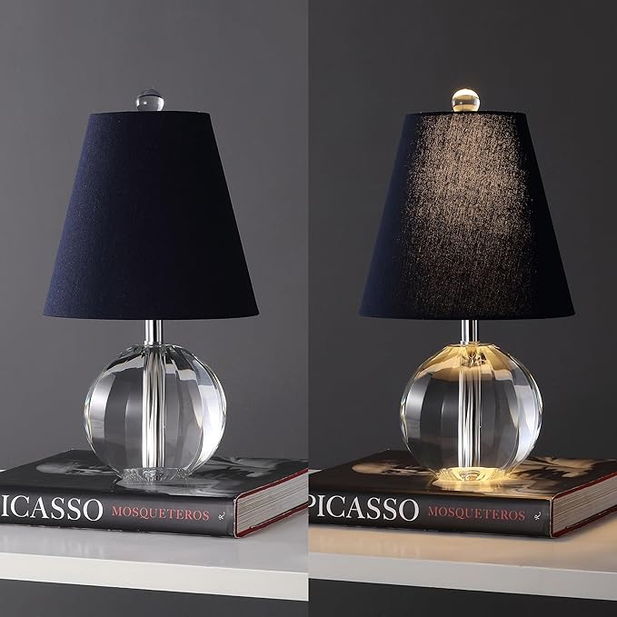 JONATHAN Y JYL2079D 16" Glam Crystal Ball Table Lamp, Modern Bedside Nightstand Lamp for Bedroom Living Room Office, Clear Glass Orb with Navy Linen Shade and Chrome Accents, LED Bulb Included