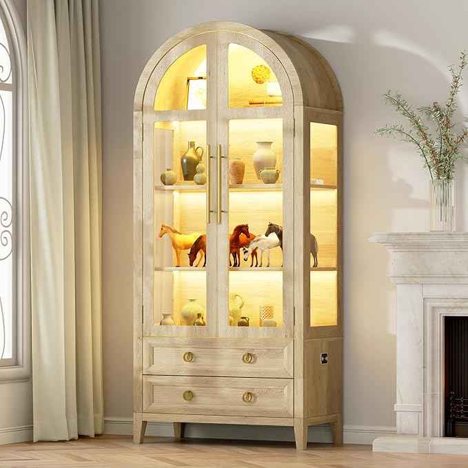 Arched Curio Cabinet with Glass Doors, 4-Tier Display Cabinet with 2 Drawers, Tall Bookcase with 3 Color Lights, Display Case, Kitchen Pantry (Wood)