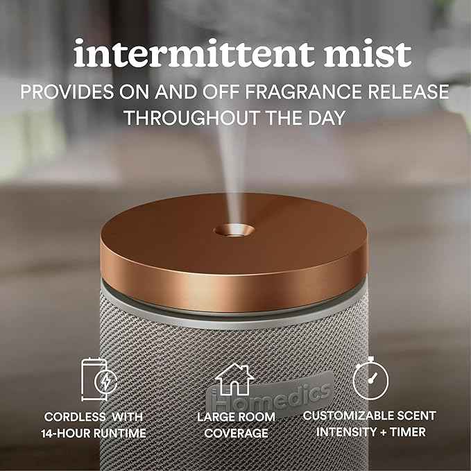 Homedics SereneScent Waterless Essential Oil Diffuser, Cordless Rechargeable Aromatherapy Diffuser for Home, Large Room Scent Machine, Timer, App Control, 6 LED Lights, No Water Needed, Grey