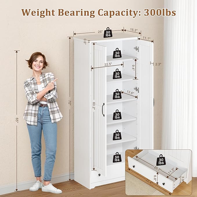 70" Tall Storage Cabinets, Large Wood Storage Pantry Cabinet with 6 Adjustable Shelves, Drawer & 2 Striped Doors, Standing Utility Cabinet for Kitchen, Dining Room, Bathroom (White)