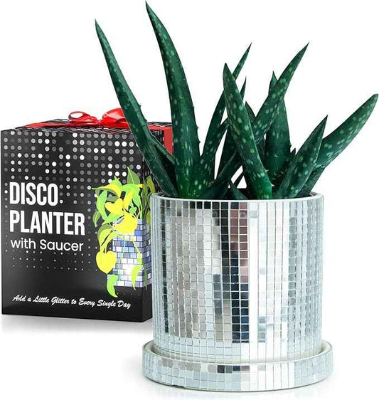SCANDINORDICA Disco Ball Planter Pot - 4.3 inch Mirror Disco Ball Vase, Disco Planter, Ceramic Planter Pots Indoor with Drainage Hole and Saucer, Cute Desk Decor for Women | 0.2" Mirror Tiles