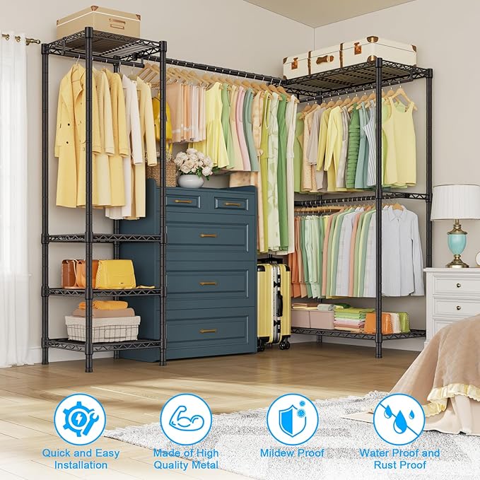 E10L L-Shaped Clothes Rack for Corner（With Expandable Hanger Rod）Heavy Duty Freestanding Clothing Racks for Hanging Clothes，Portable Garment Rack 58-82"W x 30"D x 72"H，Max Load 900LBS，Black