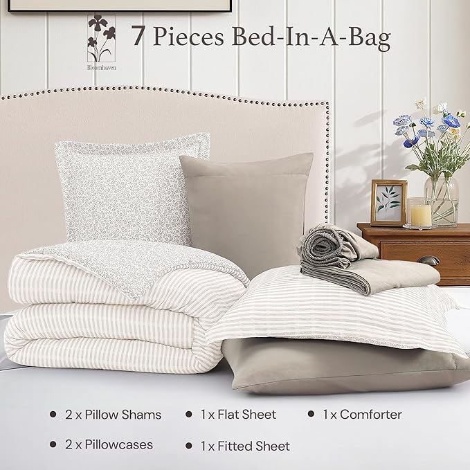 Queen Comforter Set - 7 Pieces Beige Gauze Muslin Bedding Sets for All Seasons, Lightweight Breathable Bed in a Bag Queen with Revesible Farmhouse Comforter, Sheets, Pillowcases & Shams