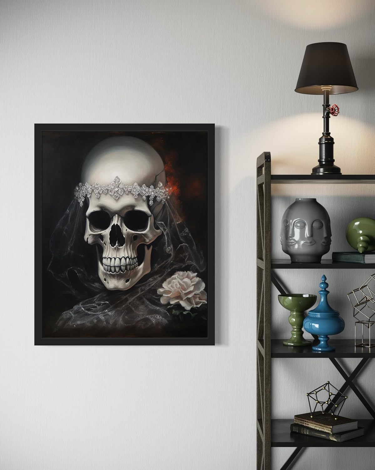 Skull Bride Poster Art Print, Halloween Scary Vintage Wall Art Academia Spooky Painting Decoration for Horror Prints, Gothic Posters Bedroom Decor 89 (Skull Bride, 8 x 10 inches, Black Frame)