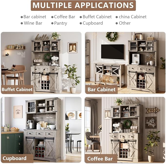 72 in Farmhouse Bar Cabinet with Sliding Barn Door, Tall Kitchen Buffet with Storage Hutch and 3 Drawer, Rustic Coffee Wine Bar Sideboard with Wine & Glasses Rack, for Living Room, Washed Grey
