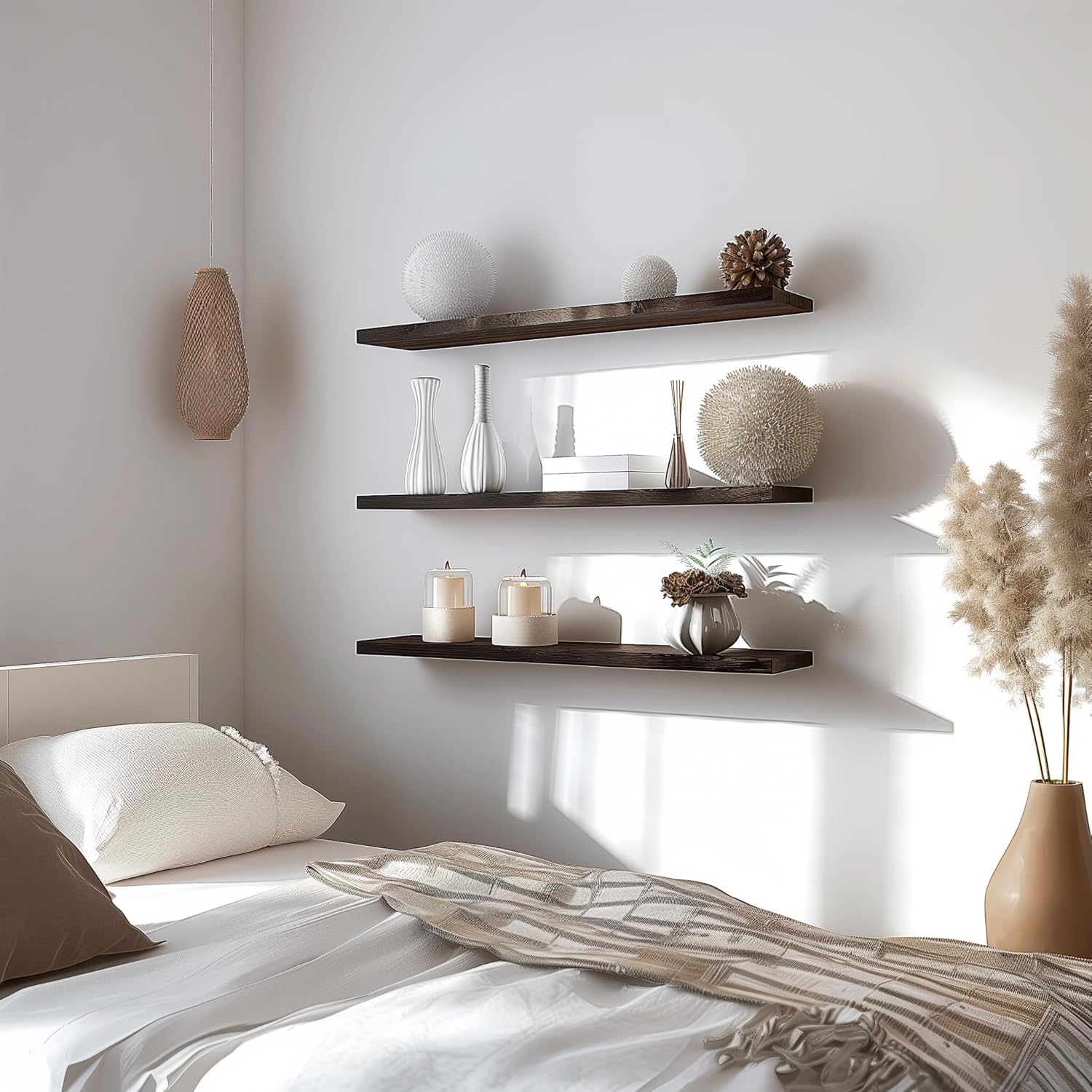 48 Inch Floating Shelves for Wall Rustic Brown Wood Wall Shelves for Bedroom Set of 4 - Décor Diaries