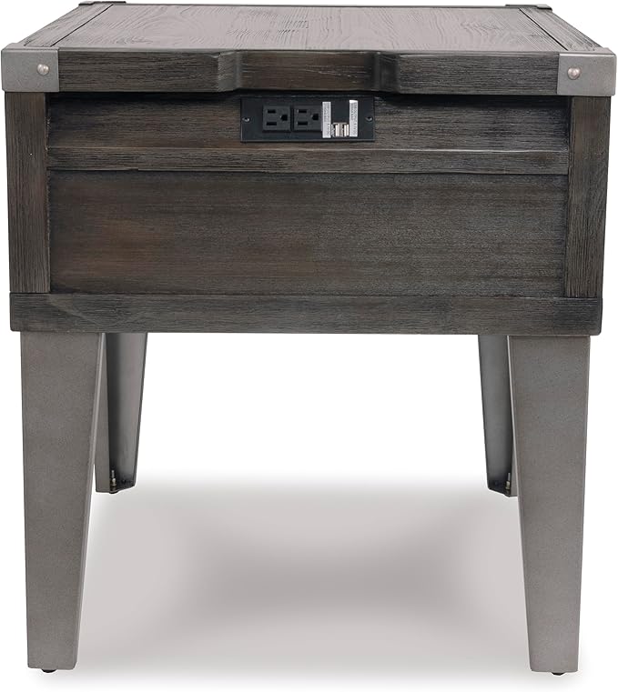 Signature Design by Ashley Todoe Industrial Square End Table with 1 Drawer, 2 Outlets and 2 USB Charging Ports, Dark Gray with Weathered Pine Finish