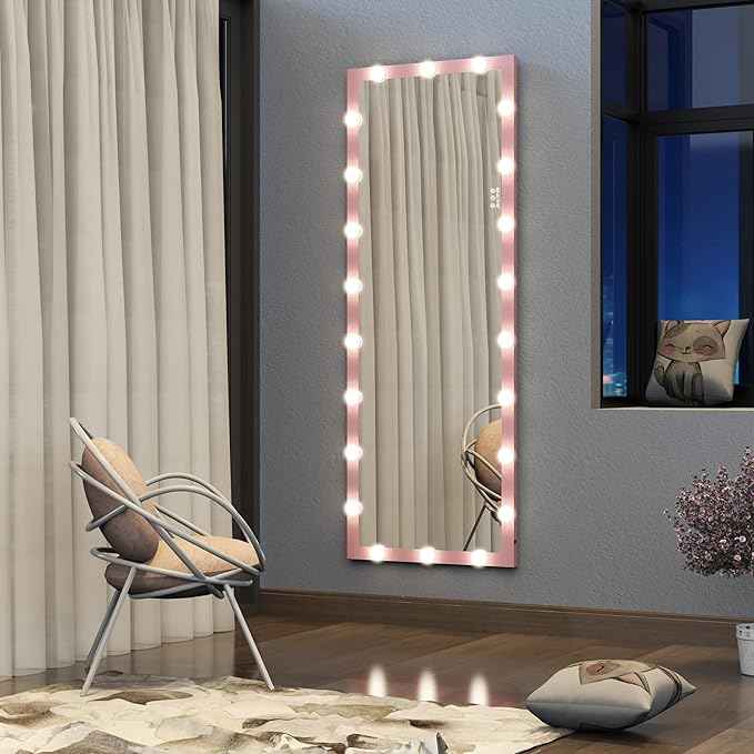 Full Length Mirror with Lights, 65" x 24" Led Standing Mirror, Wall Mounted and Floor Standing Bulbs, Wall Mounted for Bedroom,Dimming&3 Color Modes (Pink)