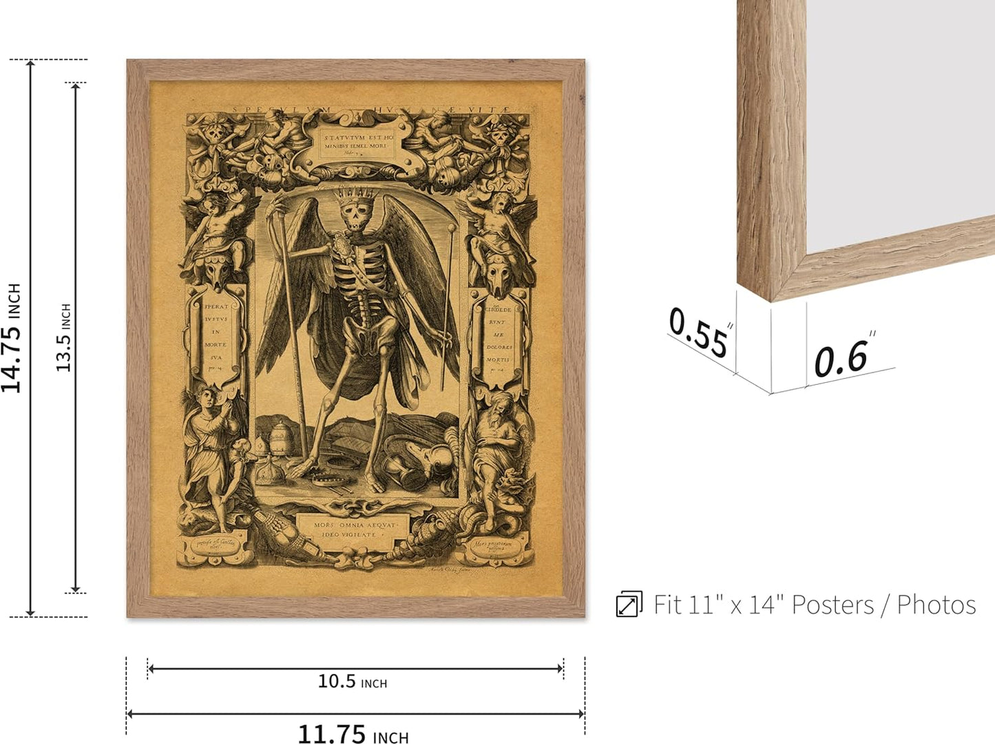 Poster Master Vintage Medieval Poster - Retro Gothic Print - Gift for Artist, Friend - Angel of Death, Memento Mori, Life, Skeleton, Dark - Wall Decor for Home, Living Room, 11x14 Beige Framed