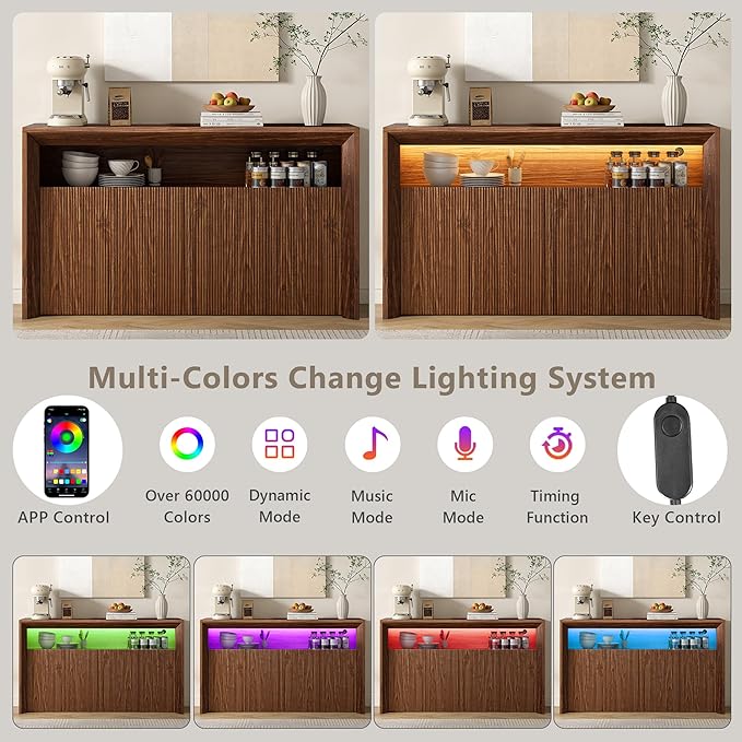 Feonase 66.2" Buffet Cabinet with Storage & Led Lights, Modern Sideboard Cabinet with 4 Doors & Shelves, Fluted Media Console Mid Century, Coffee Bar Table for Living Room Kitchen Dining Room, Walnut