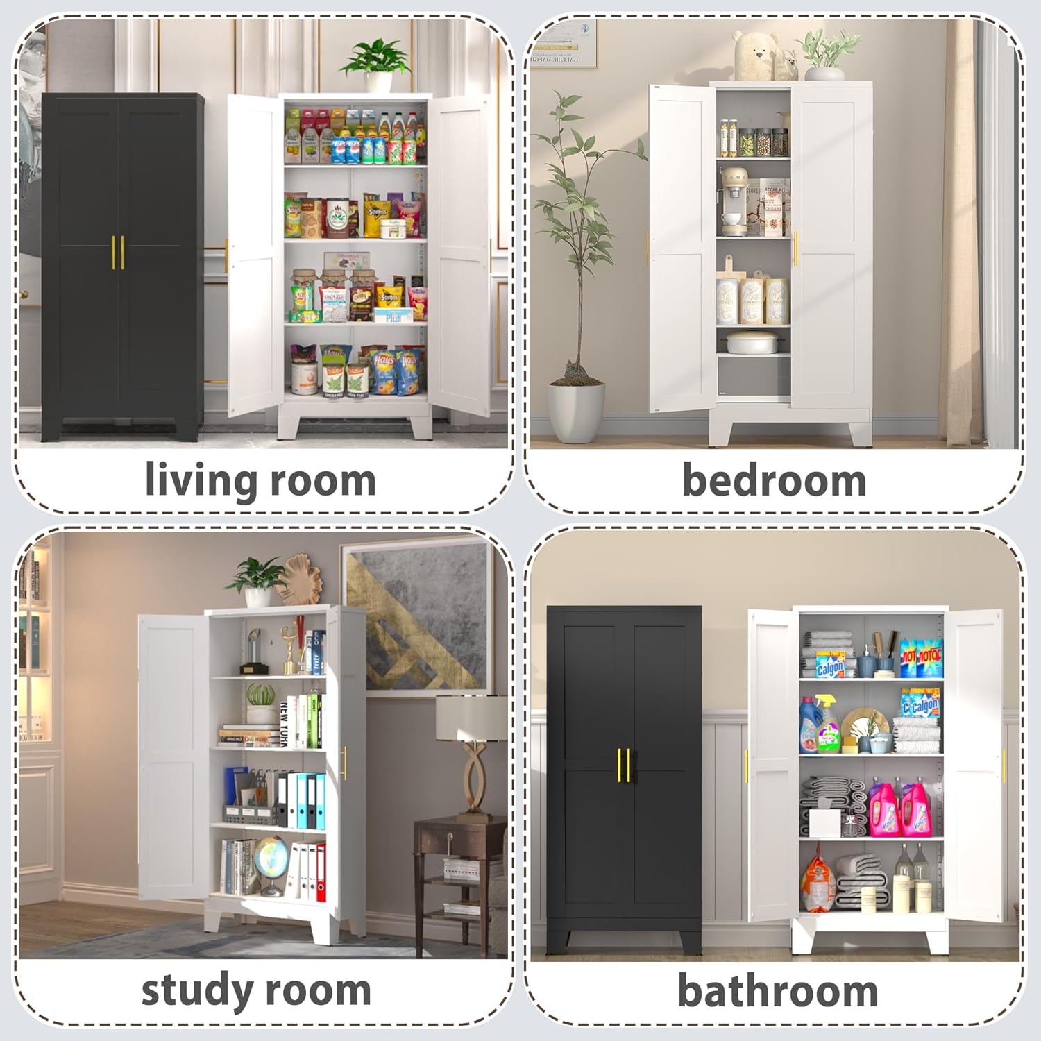61.02" Pantry Cabinet, Kitchen Pantry Storage Cabinets with Adjustable Shelves and Feet, White Pantry Storage Cabinet for Kitchen, Dining Room, Living Room and Bathroom (White) Metal - Décor Diaries
