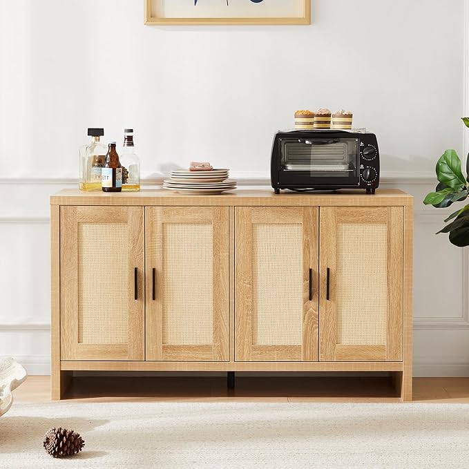 Mericonia Rattan Buffet Cabinet with Storage, Sideboard with Doors, Console Table, Farmhouse Coffee Bar, Modern Wood Long Cabinets for Livingroom, Kitchen(Driftwood Gray)