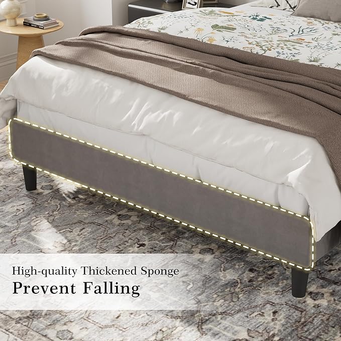 VECELO Full Size Bed Frame with Upholstered Headboard, Platform Bedframe with Strong Wooden Slats Support, No Boxing Spring Needed, Dark Grey