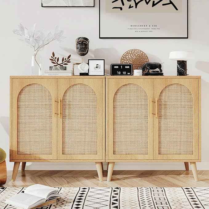 Rovaurx Set of 2 Rattan Storage Cabinet with Doors, Accent Bathroom Floor Cabinet, Modern Sideboard Buffet for Living Room, Entryway, Dining Room and Kitchen, Natural BMGZ108M02 | Set of 2, with Doors
