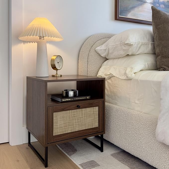 Nathan James Mina Boho Nightstand, Small Nightstand, Rattan End Table with Storage, Walnut Side Table with Rattan Accent