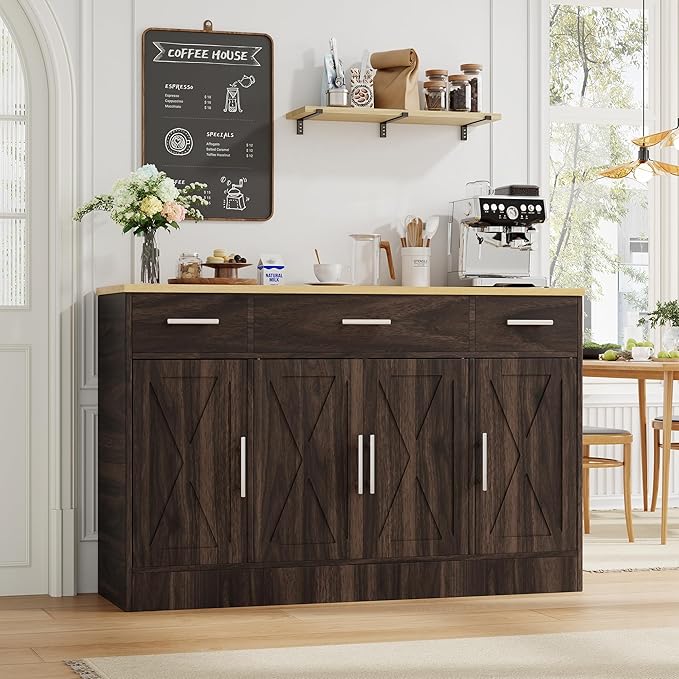 Shintenchi Buffet Cabinet with Storage,53.4" Large Kitchen Storage Cabinet with 3 Drawers and 4 Doors,Wood Farmhouse Buffet Sideboard with Adjustable Shelf for Kitchen Living Room, Brown