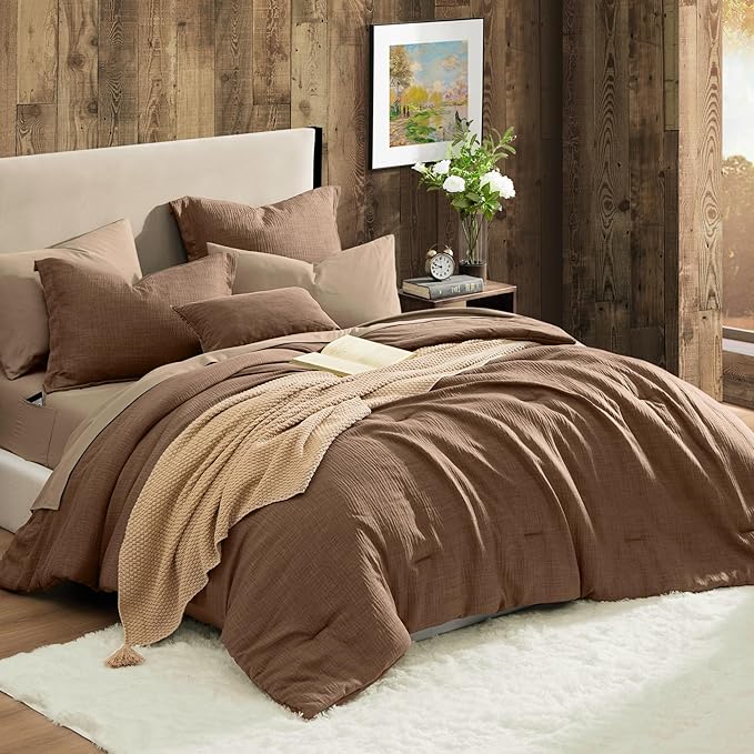 Geniospin King Comforter Set - 7 Pieces Comforter King Size, Soft Solid Bedding Set for All Season, Textured Bed in a Bag with Sheets, Pillowcases & Shams(Brown, 102''x90'')