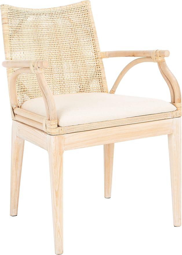 SAFAVIEH Home Collection - Gianni Natural & White Wash Solid Wood Rattan Arm Chair, Tropical Coastal Accent Seating for Living Room or Dining Space (SEA4011B)