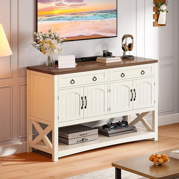 DWVO 47.2" Buffet Sideboard Cabinet with Storage, Farmhouse Coffee Bar Cabinet w/2 Drawers, Wood 4-Doors Console Table with Adjustable Shelves for Kitchen, Dining Room, Living Room, Entryway (White)