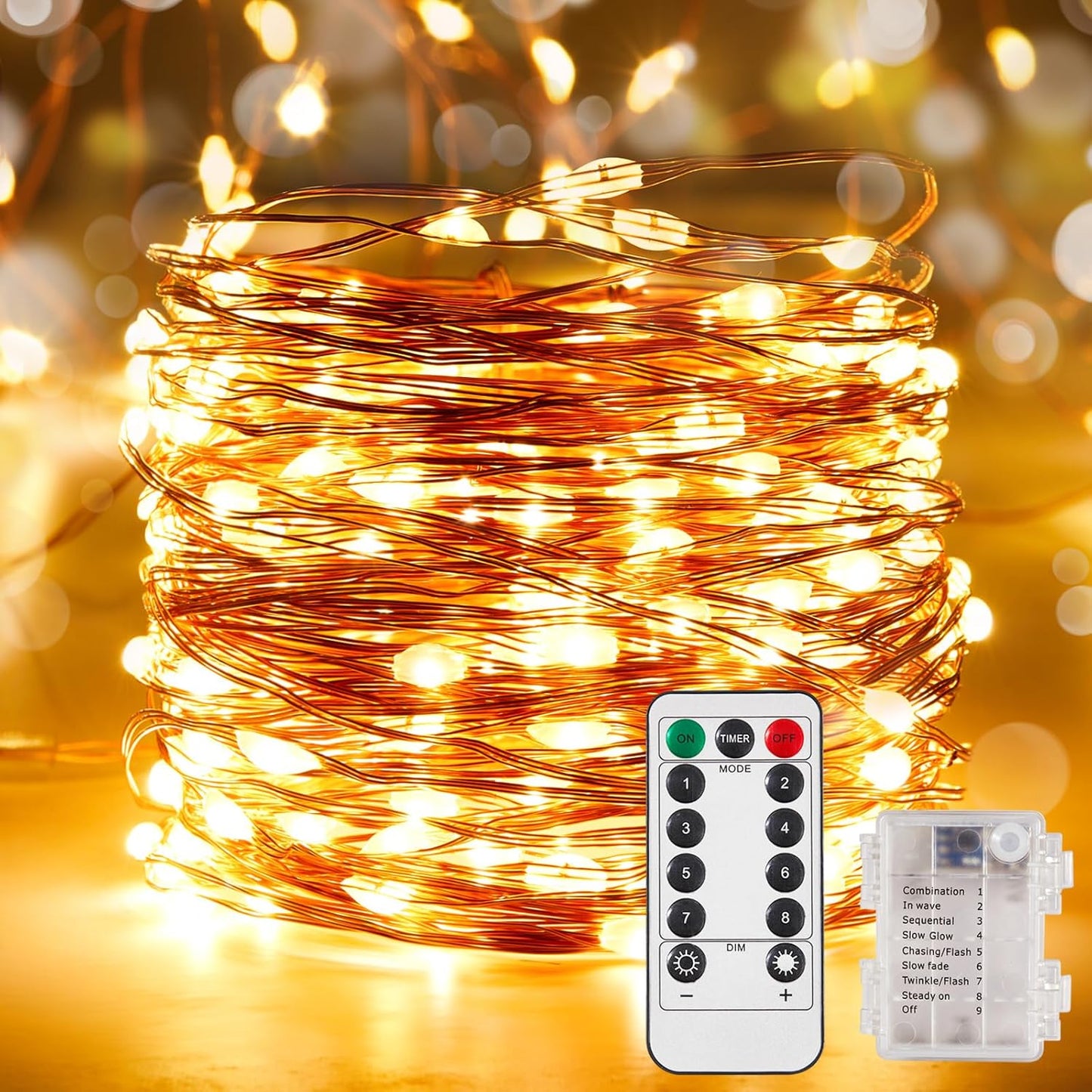 4 Pack 65.6 Ft. Battery Operated Outdoor String Lights with Remote & Timer, LED Warm White Fairy Lights, Waterproof Twinkle Lights for Bedroom, Dorm, Mason Jar, Wedding, Party, Christmas