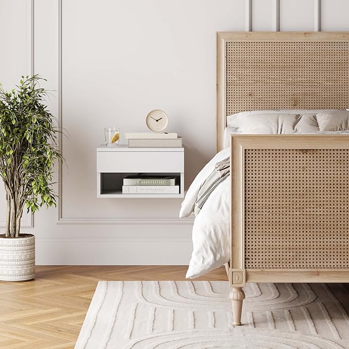 Nathan James Jackson Wall Mounted Floating Bedroom Nightstand with Storage Drawer and Modern Open Shelf Cubby, White