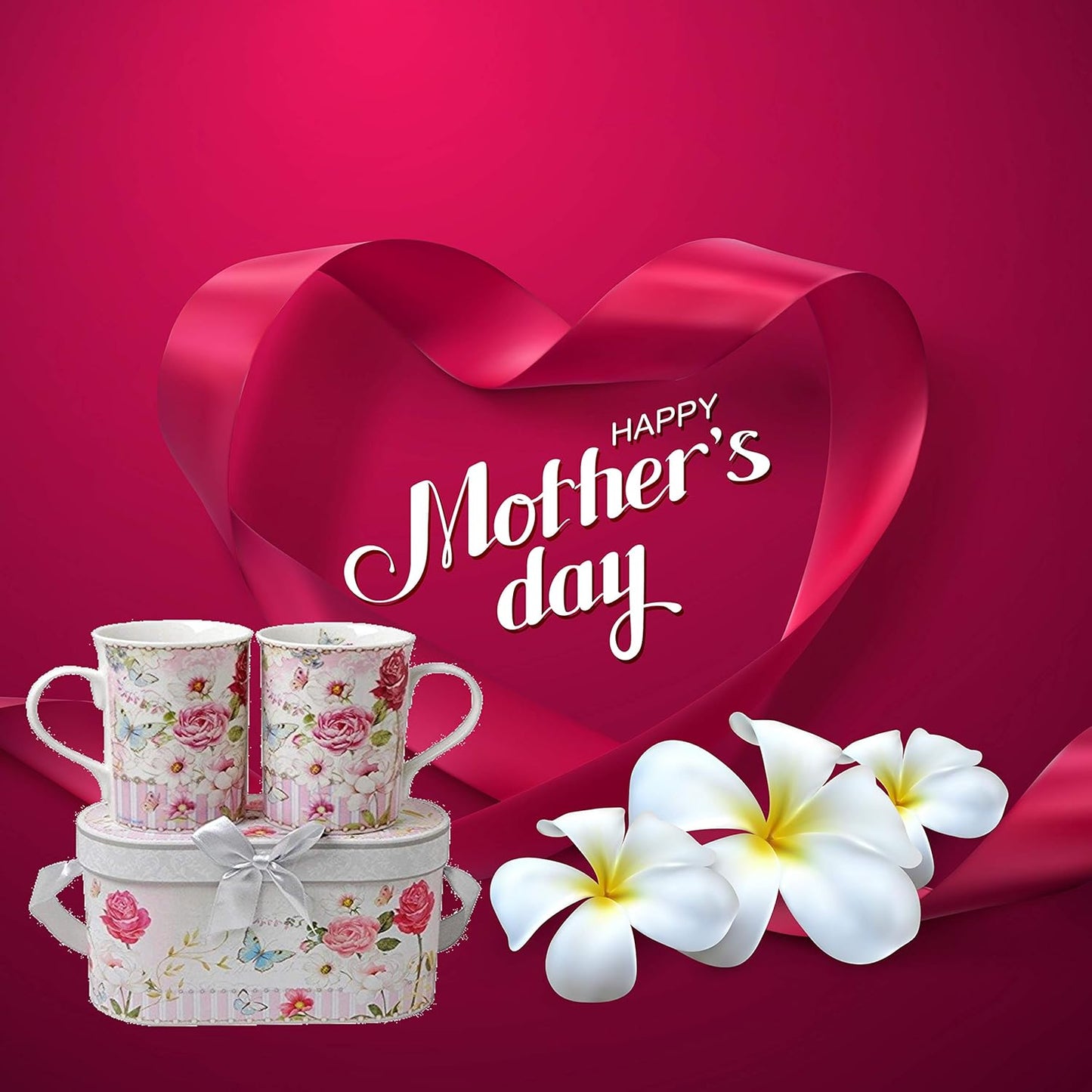 Lightahead Elegent Bone China 2 Coffee Tea Mugs set floral Design in attractive gift box 11 oz each