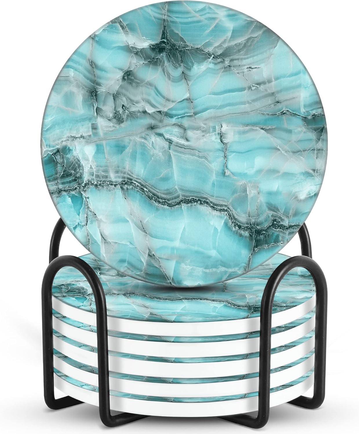 Emerson Coasters for Drinks Absorbent – Natural Stone Drink Coasters Set with Holder, Coasters for Coffee Table, Wooden Tabletop Protection Marble Style – 100% Heavy Duty Set of 6 (Aura)