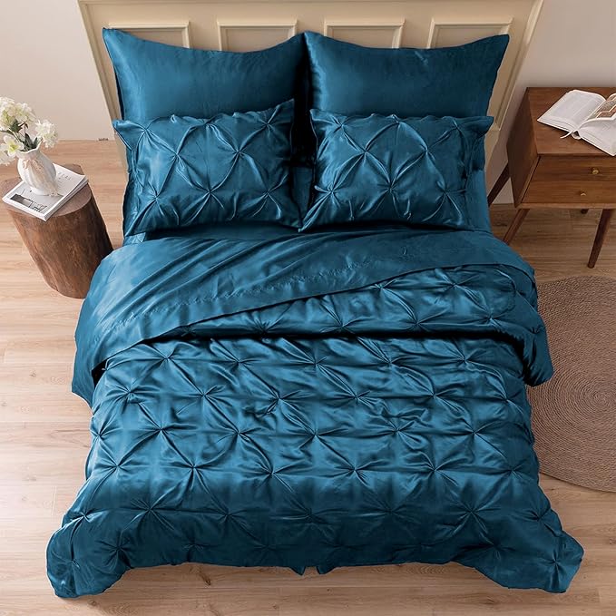 MR&HM Satin Comforter California King 7 Pieces Teal - Luxurious Pinch Pleat Bedding Set with Comforter, Flat Sheet, Fitted Sheet, Pillowcases & Shams, Super Silky Soft Bed Set for All Season