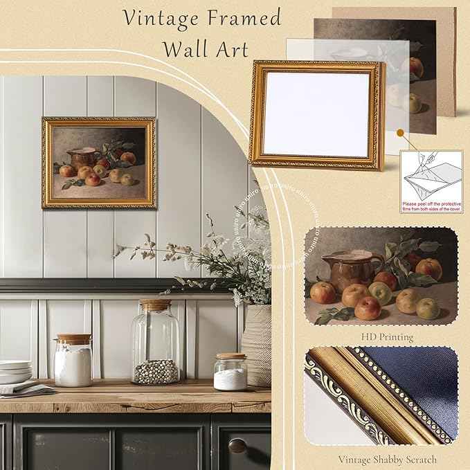 uniro Vintage Gold Framed Wall Art for Home Decor, Farmhouse Wall Decor Apple Still Life Canvas Artwork, Antique Fruit Wall Art Picture, Rustic Kitchen Art Prints Aesthetic Picture for Kitchen, Dining Desktop Decor- 12x16Inch