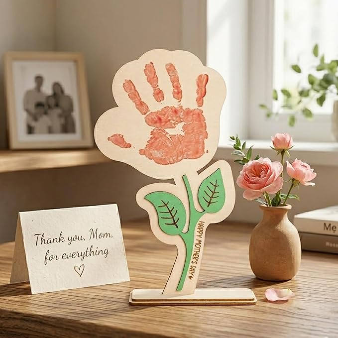Happy DIY Keepsake Plaque, Mother Day Decorations, Best mom Ever Gifts, DIY from Kids, Gifts for mom Birthday Decor, Wooden Flower Handprint Sign Family Craft Keepsake