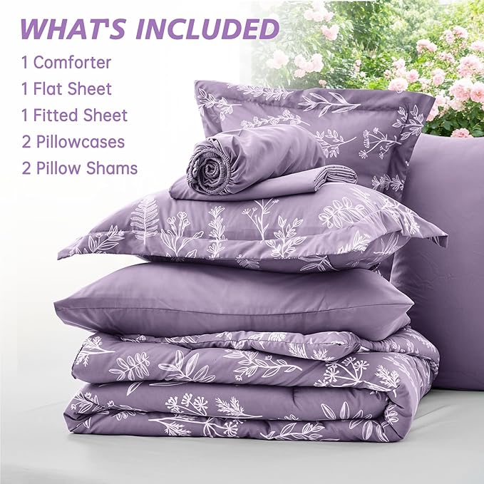 MUXHOMO Grayish Purple Bed in a Bag King 7 Pieces, King Comforter Set Reversible Botanical Flowers Design, Ultra Soft & Breathable Bedding Sets with Comforter, Sheets, Pillowcases & Shams