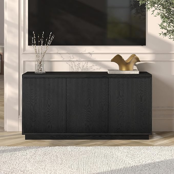 Henn&Hart Fluted TV Stand for TVs up to 55" with 3 Swing Out Ribbed Doors and Adjustable Shelves for Living Room, Family Room, or Office, Natural Black