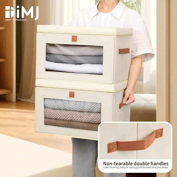 DIMJ Storage Bins with Lids - 6 Pack Large Fabric Closet Organizer with Window & Handles, Collapsible Decorative Storage Boxes for Shelves Under Bed, Books Clothes Blankets Sweaters Organization