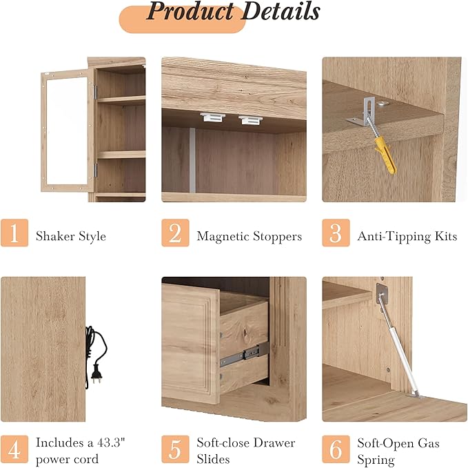 Merax 78 Inch Extra-Tall Freestanding Kitchen Pantry Storage Cabinet, Multifunctional Cupboard with 3 Drawers, Adjustable Shelves & Power Outlet Drop-Down Surface for Dining and Living Room, Natural