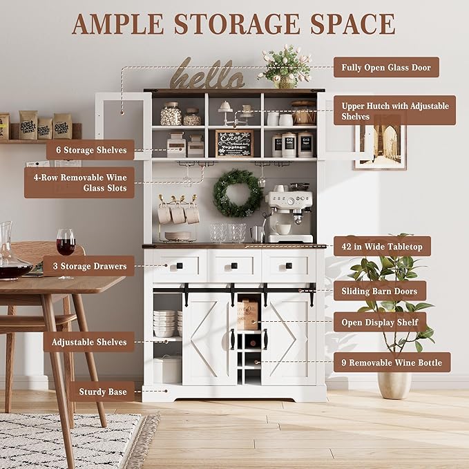 72 in Farmhouse Bar Cabinet with Sliding Barn Door, Tall Kitchen Buffet with Storage Hutch and 3 Drawer, Rustic Coffee Wine Bar Sideboard with Wine & Glasses Rack, for Living Room, Pure White
